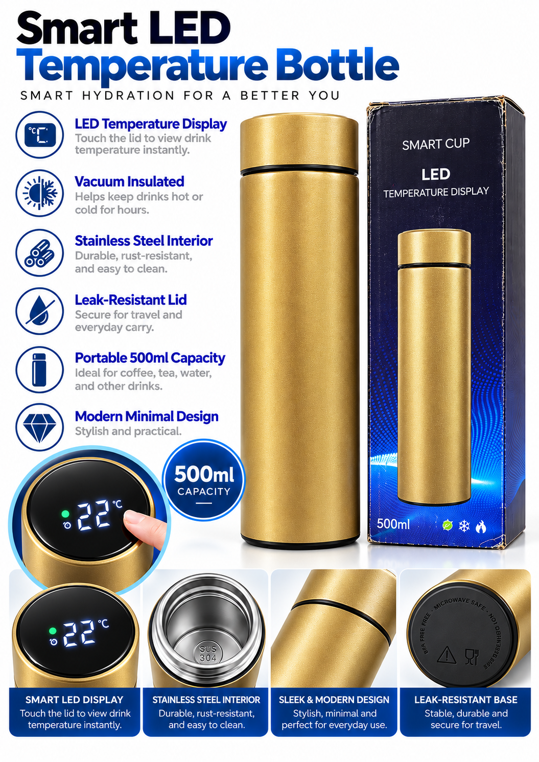 Gold 500ml smart LED temperature bottle features and details
