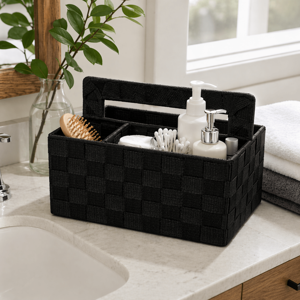 4 Compartment Woven Organizer With Handle - Home Phase