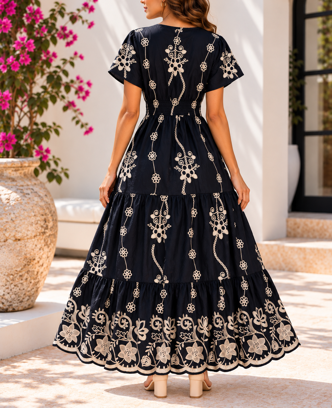 Back view navy floral maxi dress