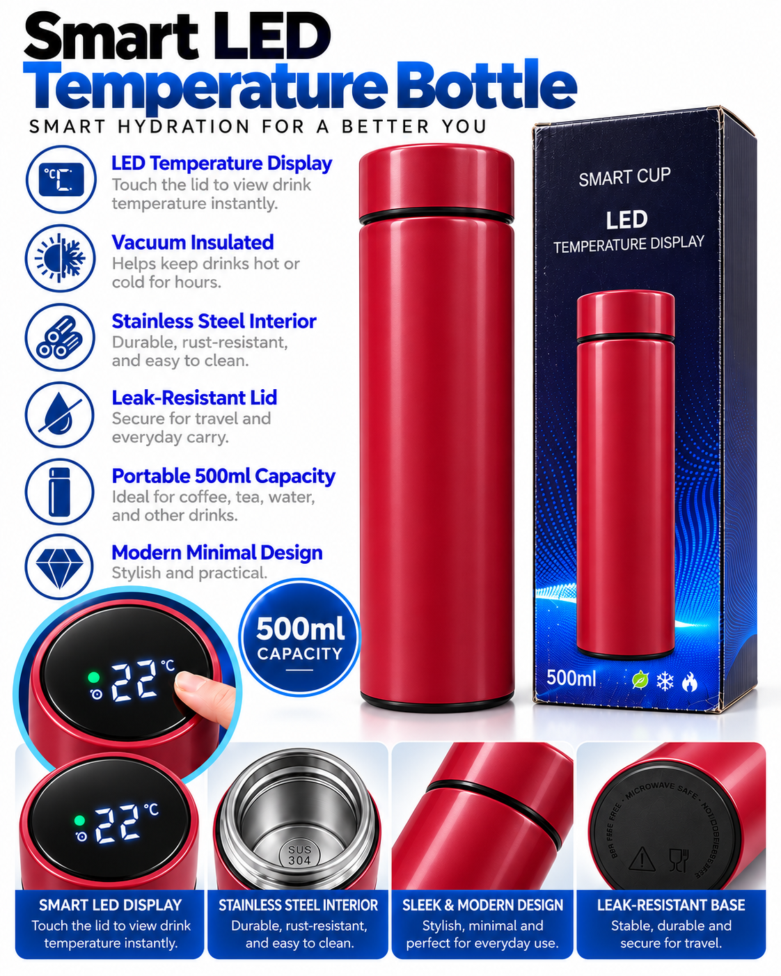 Red 500ml smart LED temperature bottle features and details