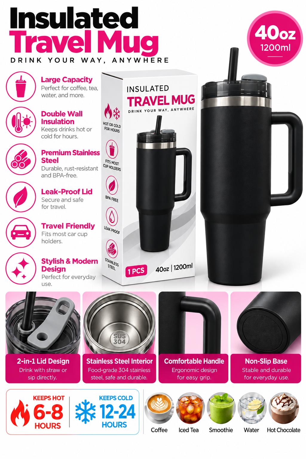 Black 40oz 1200ml insulated travel mug features and details
