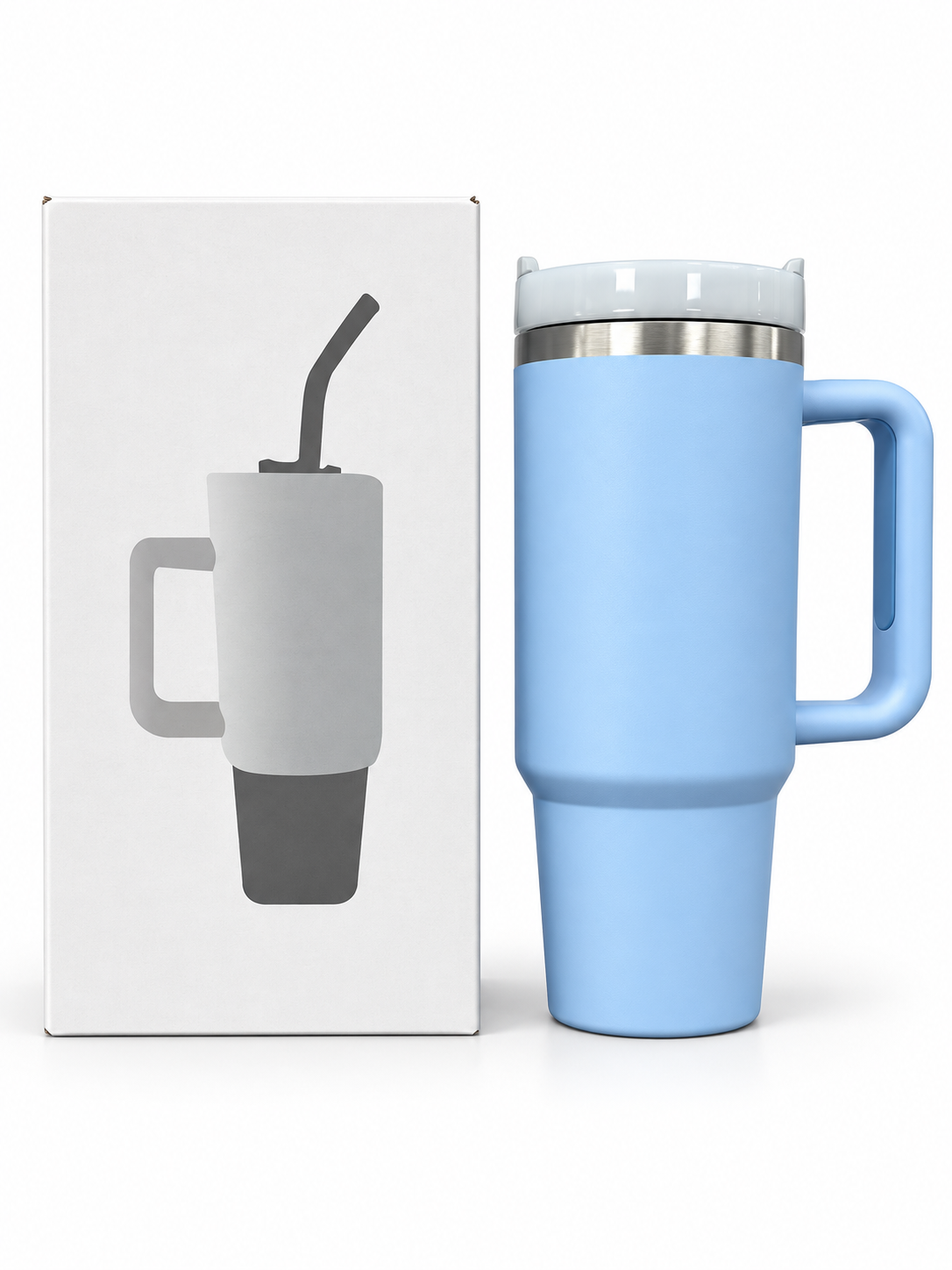 Blue 40oz 1200ml insulated travel mug with handle and box