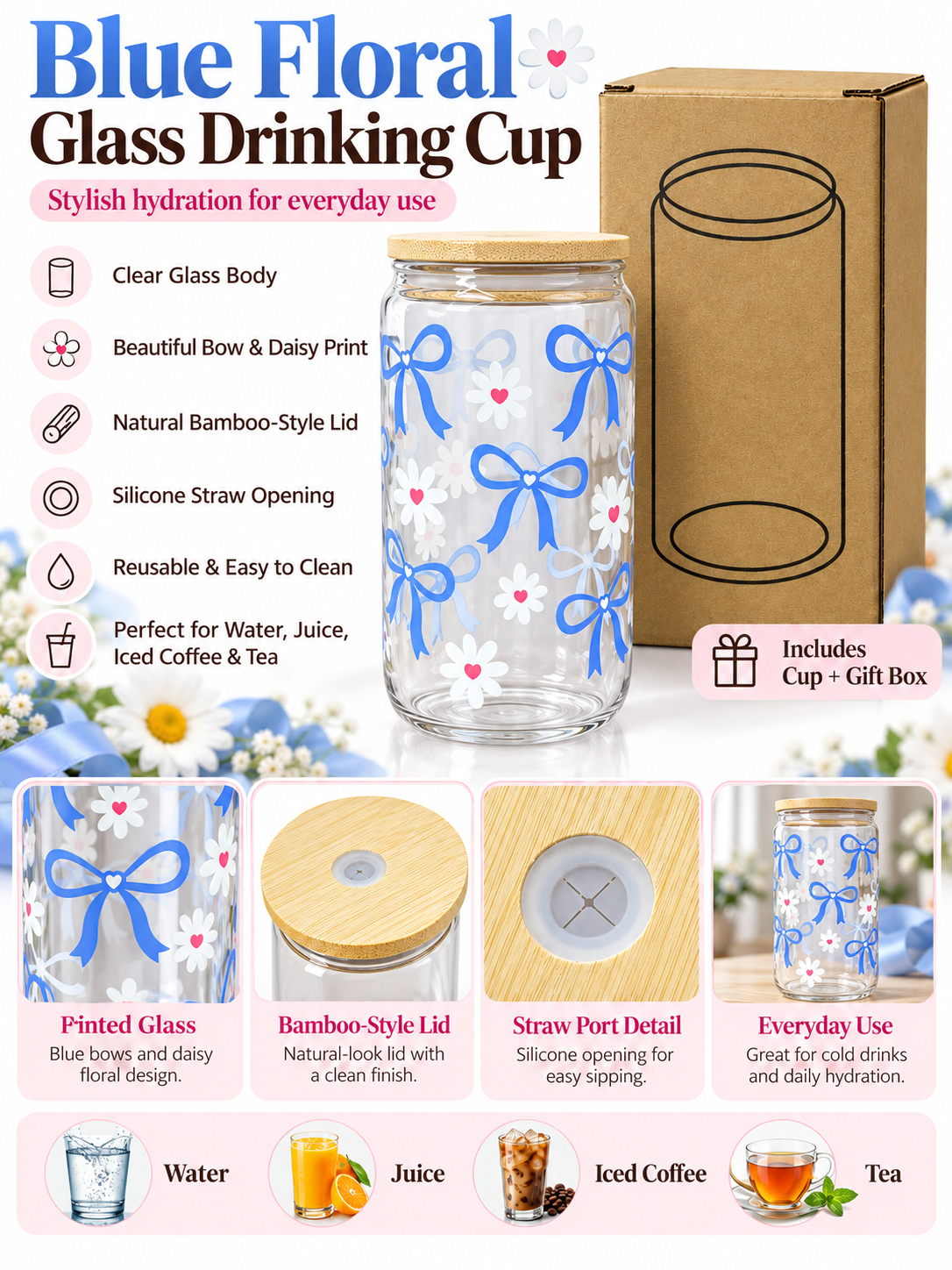 Blue floral drinking cup features