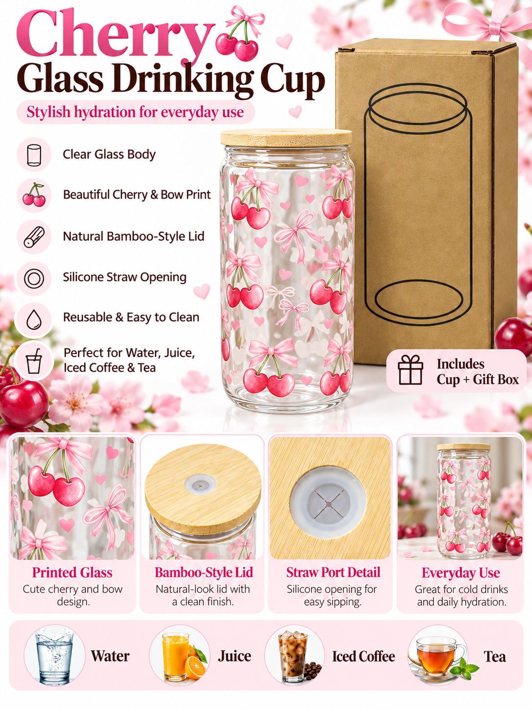 Cherry glass drinking cup details