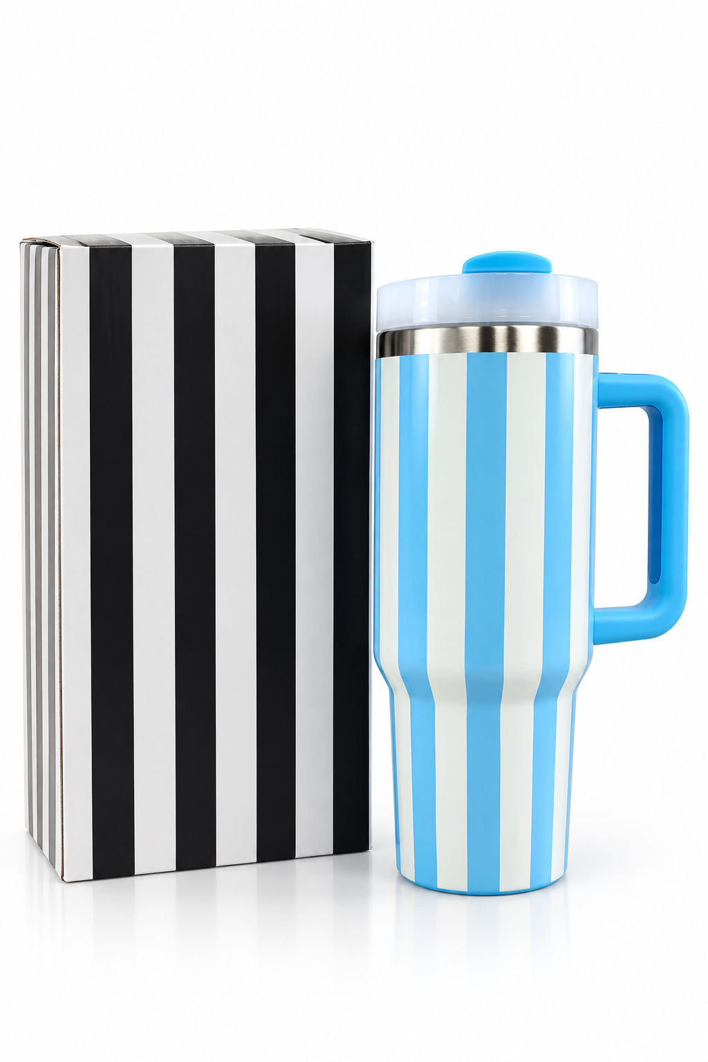 Blue and white striped tumbler with gift box