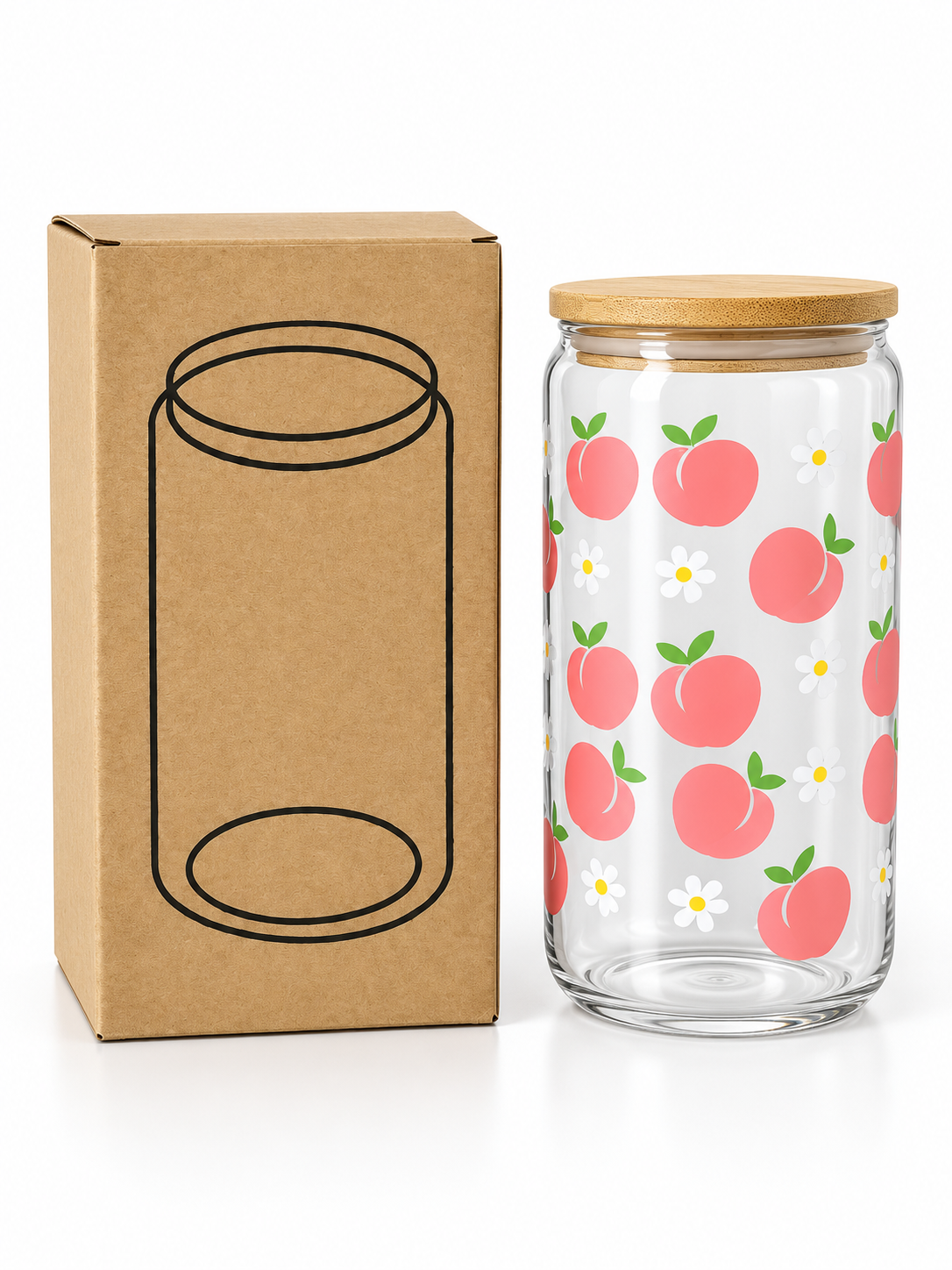 Peach and daisy glass cup with kraft gift box
