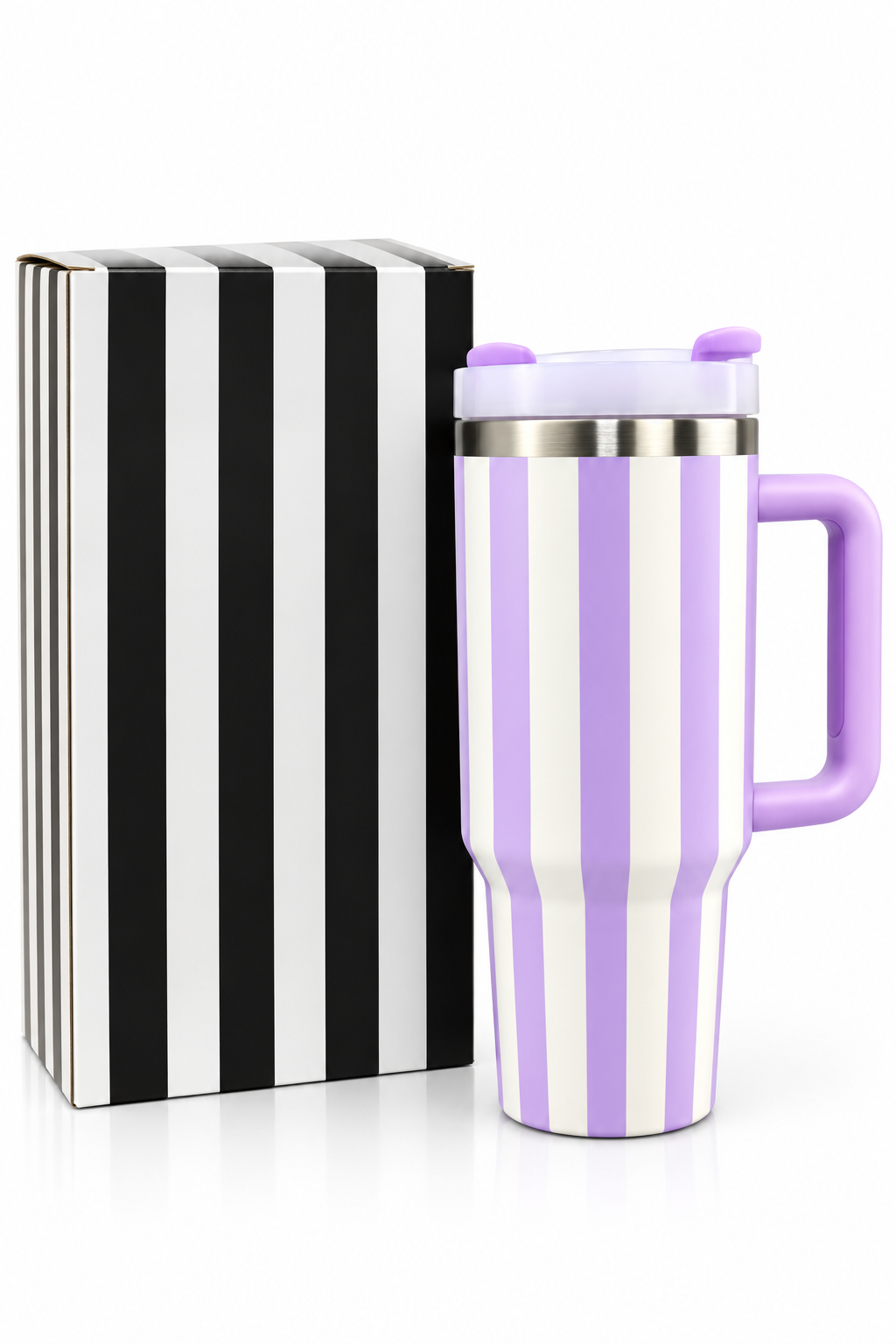 Lilac tumbler features and capacity infographic