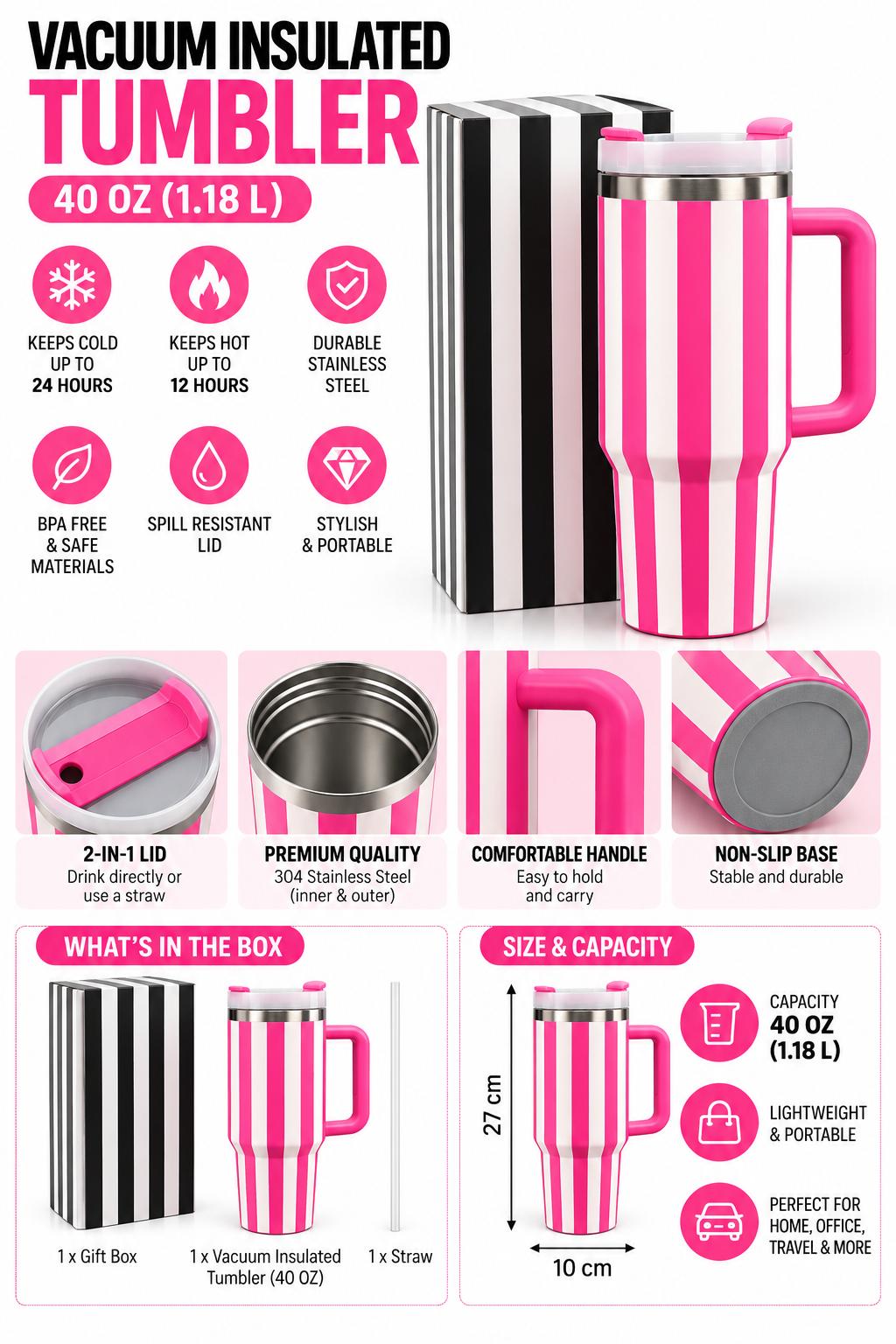 Hot pink and white striped tumbler with gift box