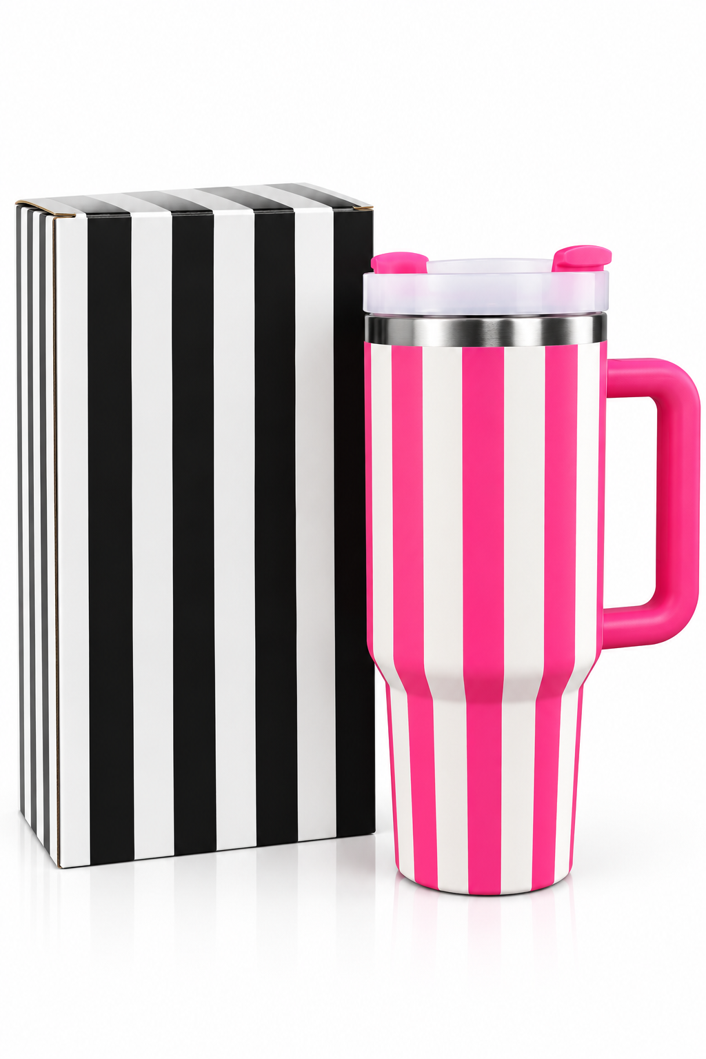 Hot pink tumbler features and capacity infographic