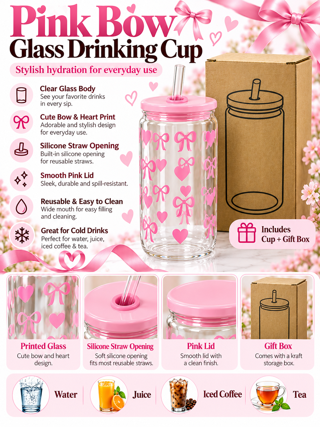 Light pink bow and heart glass drinking cup with gift box