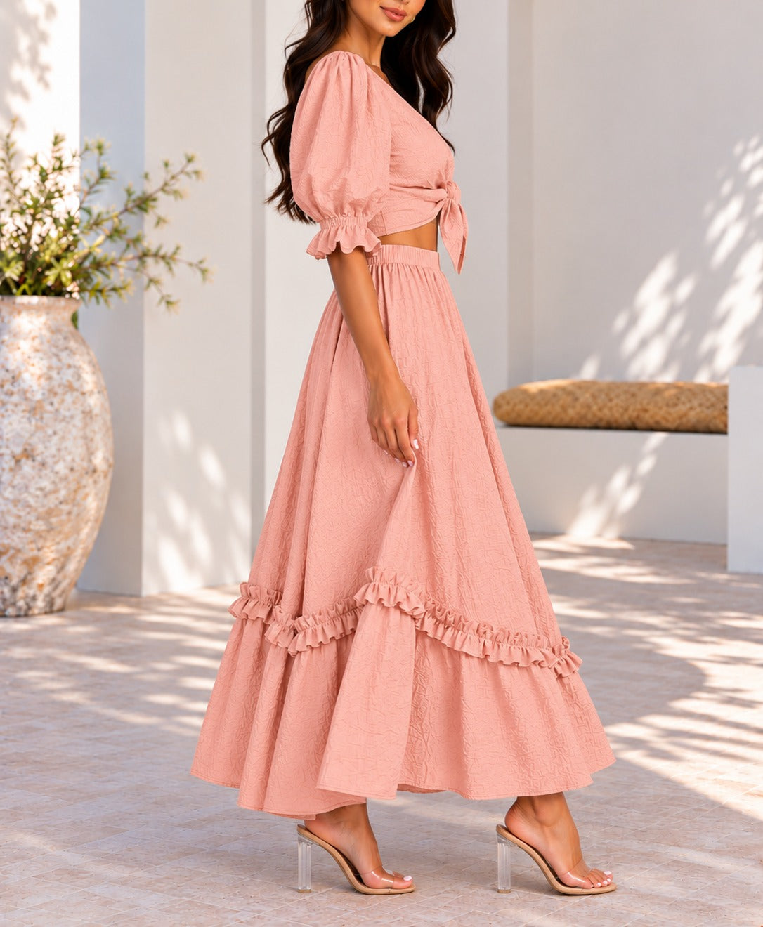 Side view dusty pink two-piece set