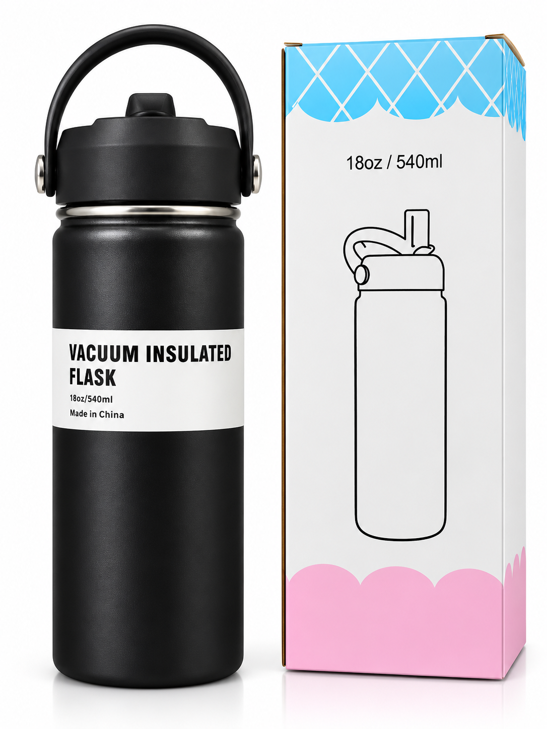 Black vacuum insulated flask 540ml with packaging