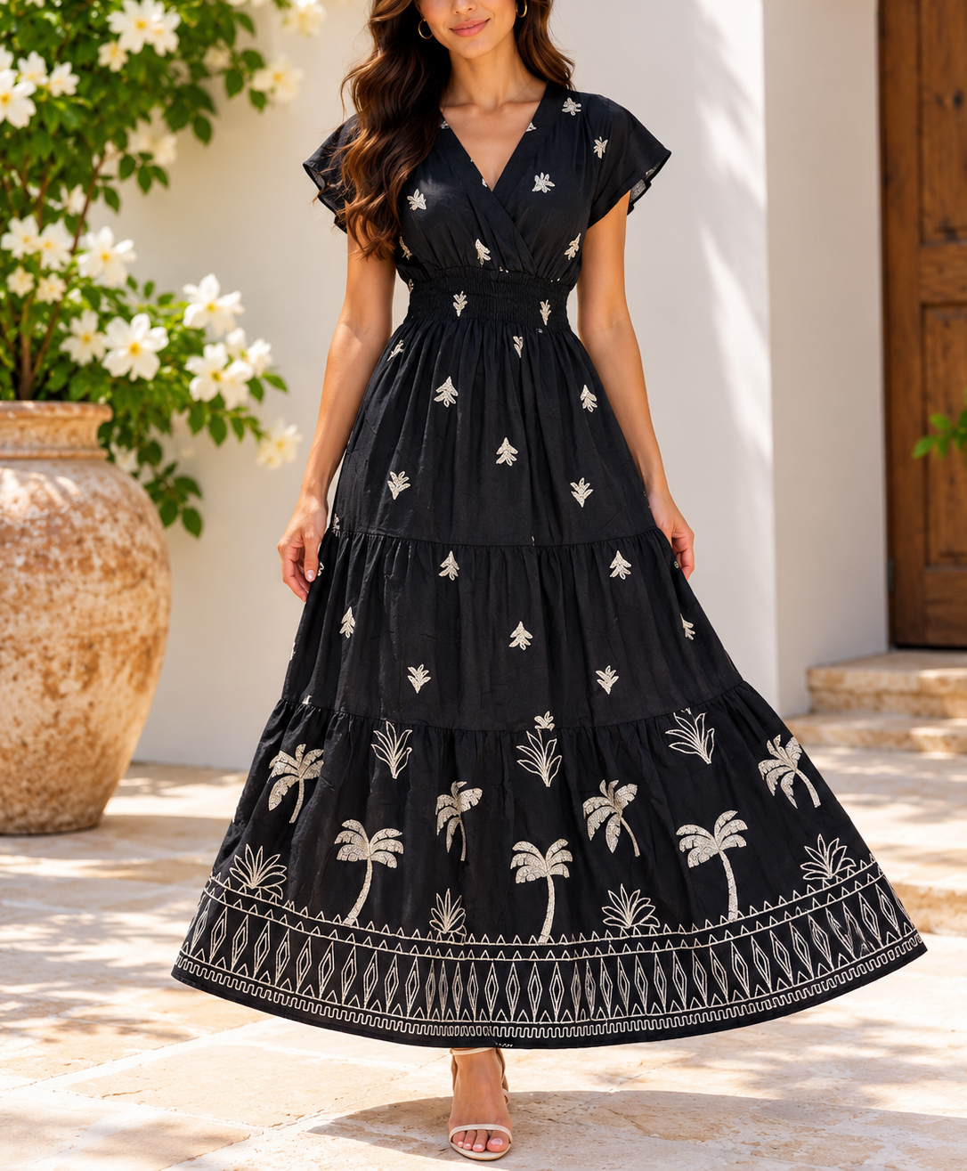 Front view of black and cream palm print maxi dress