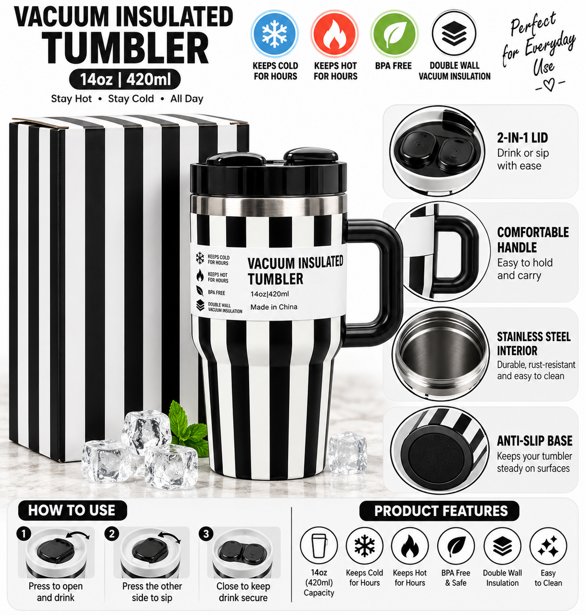 Black and white striped 420ml tumbler with matching box