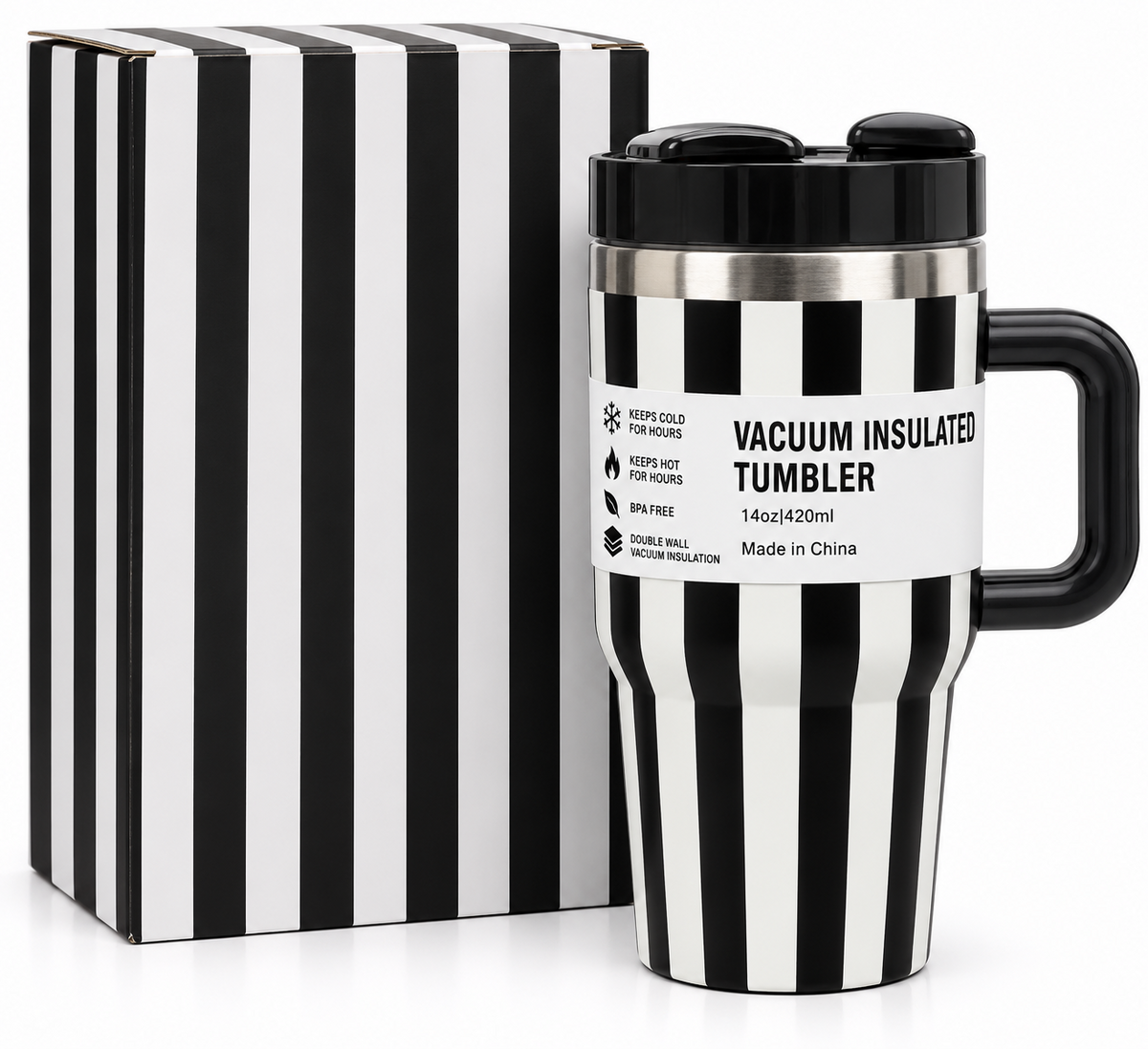 Black and white 420ml tumbler features infographic