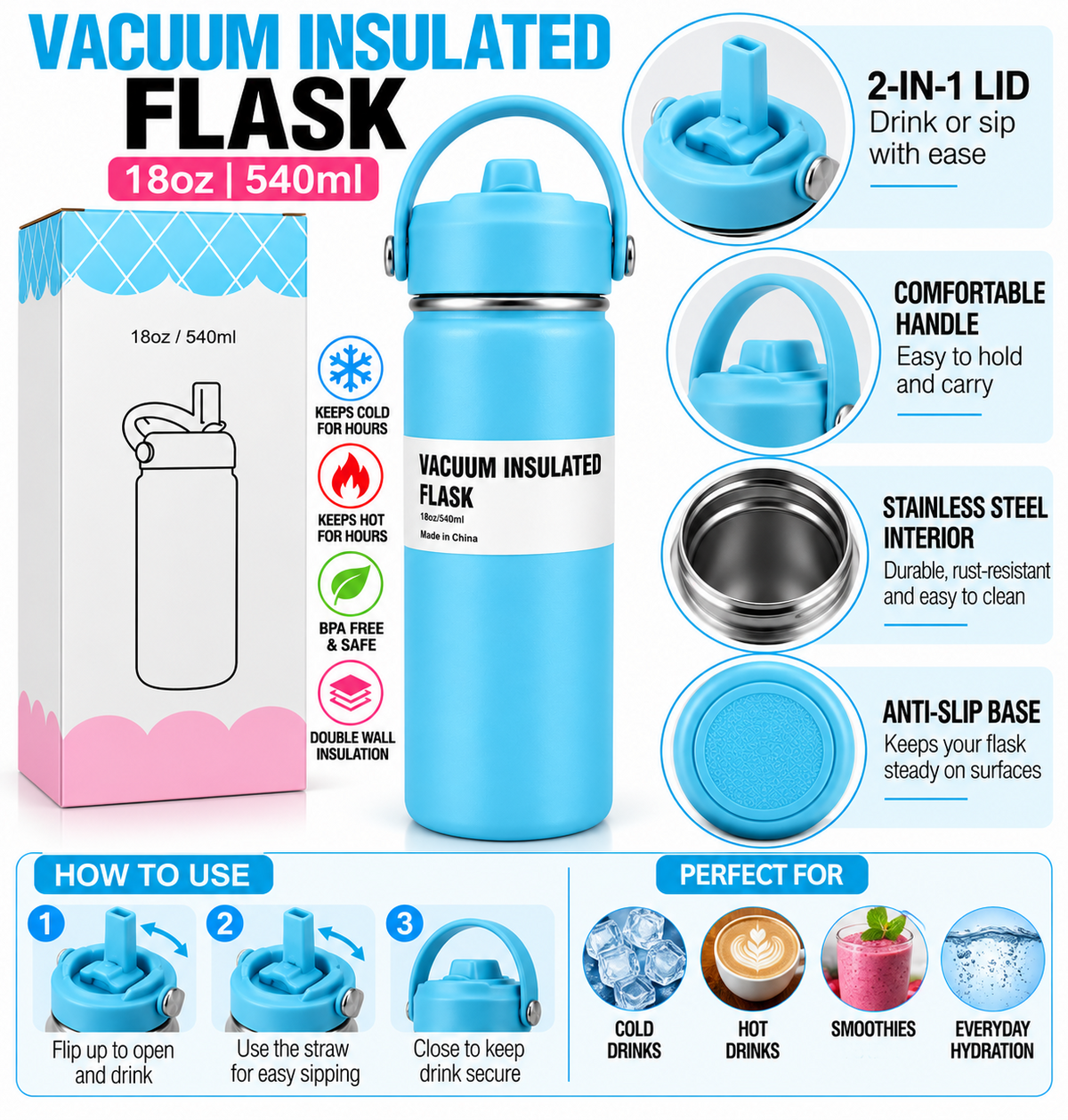 Blue vacuum insulated flask 540ml with packaging