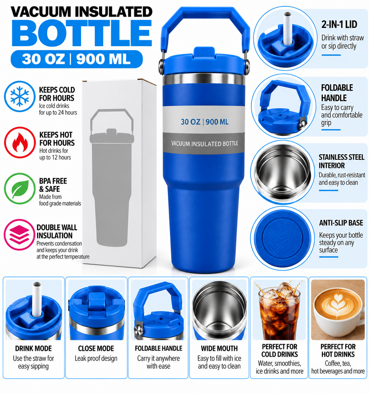 Royal blue insulated bottle features