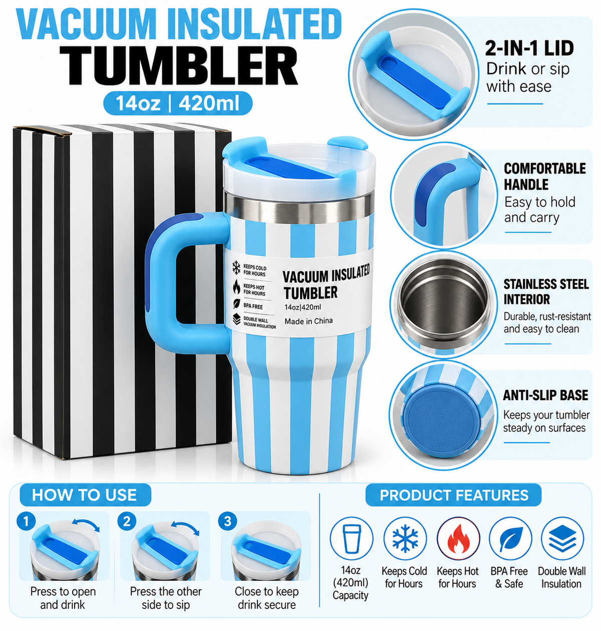 Blue and white striped vacuum insulated tumbler features