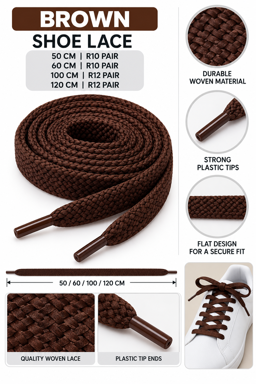 Brown flat woven shoelaces available in four lengths