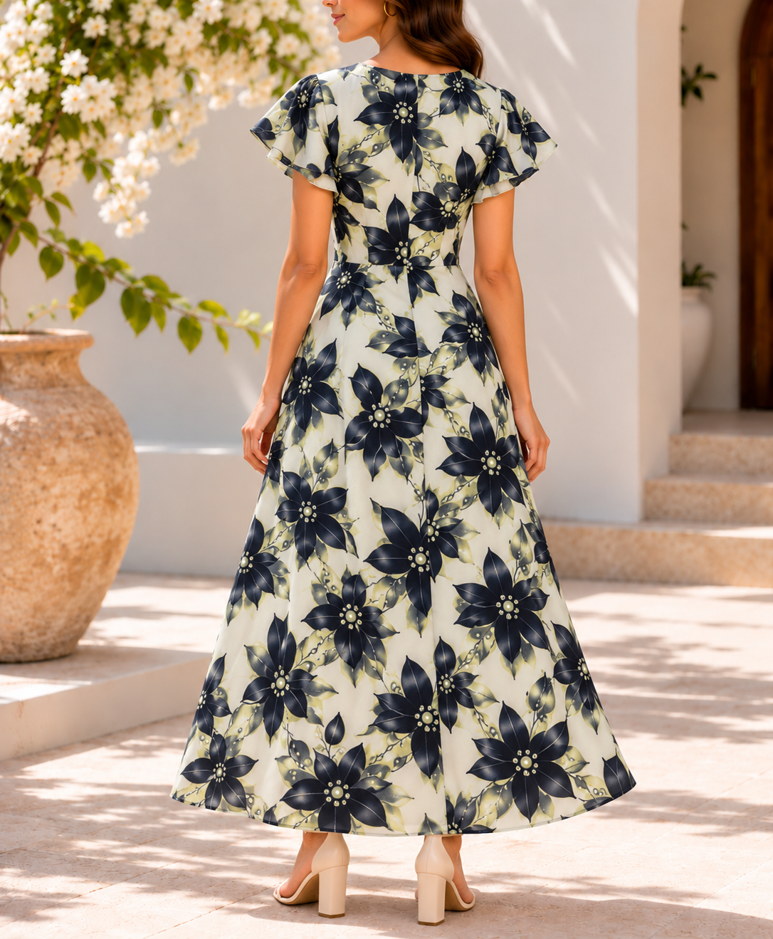 Side view of cream and black floral maxi dress