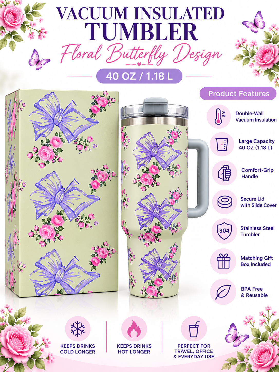 Floral butterfly vacuum insulated tumbler product features
