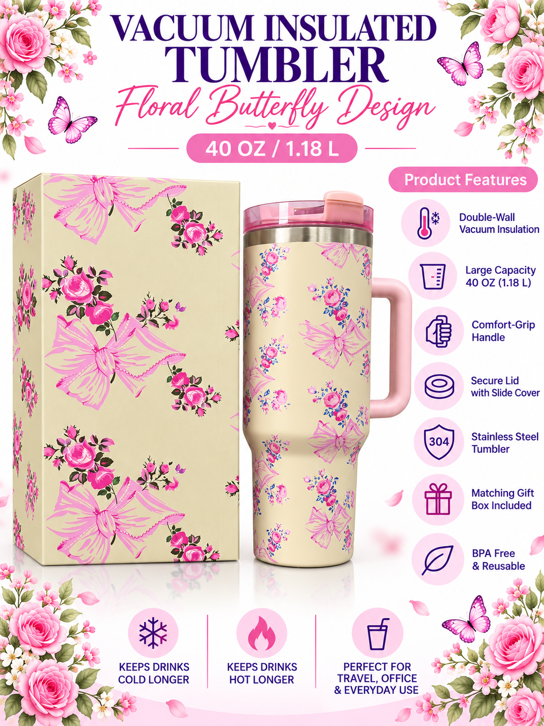 Floral butterfly vacuum insulated tumbler product features