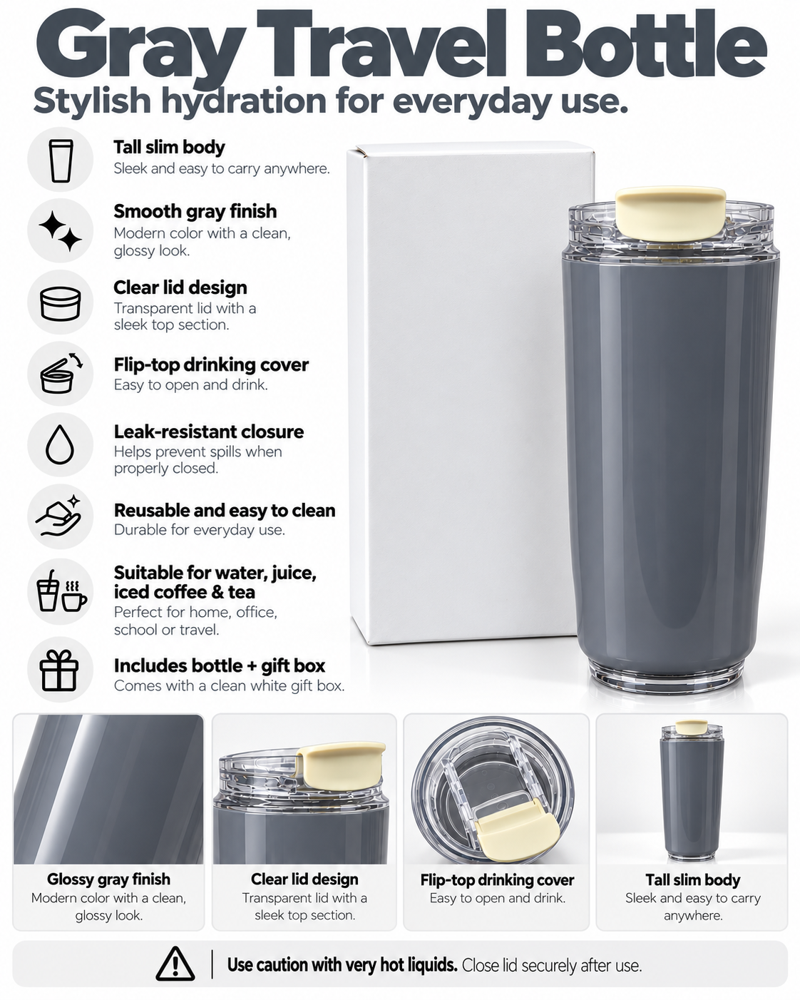 Gray travel bottle product features and details
