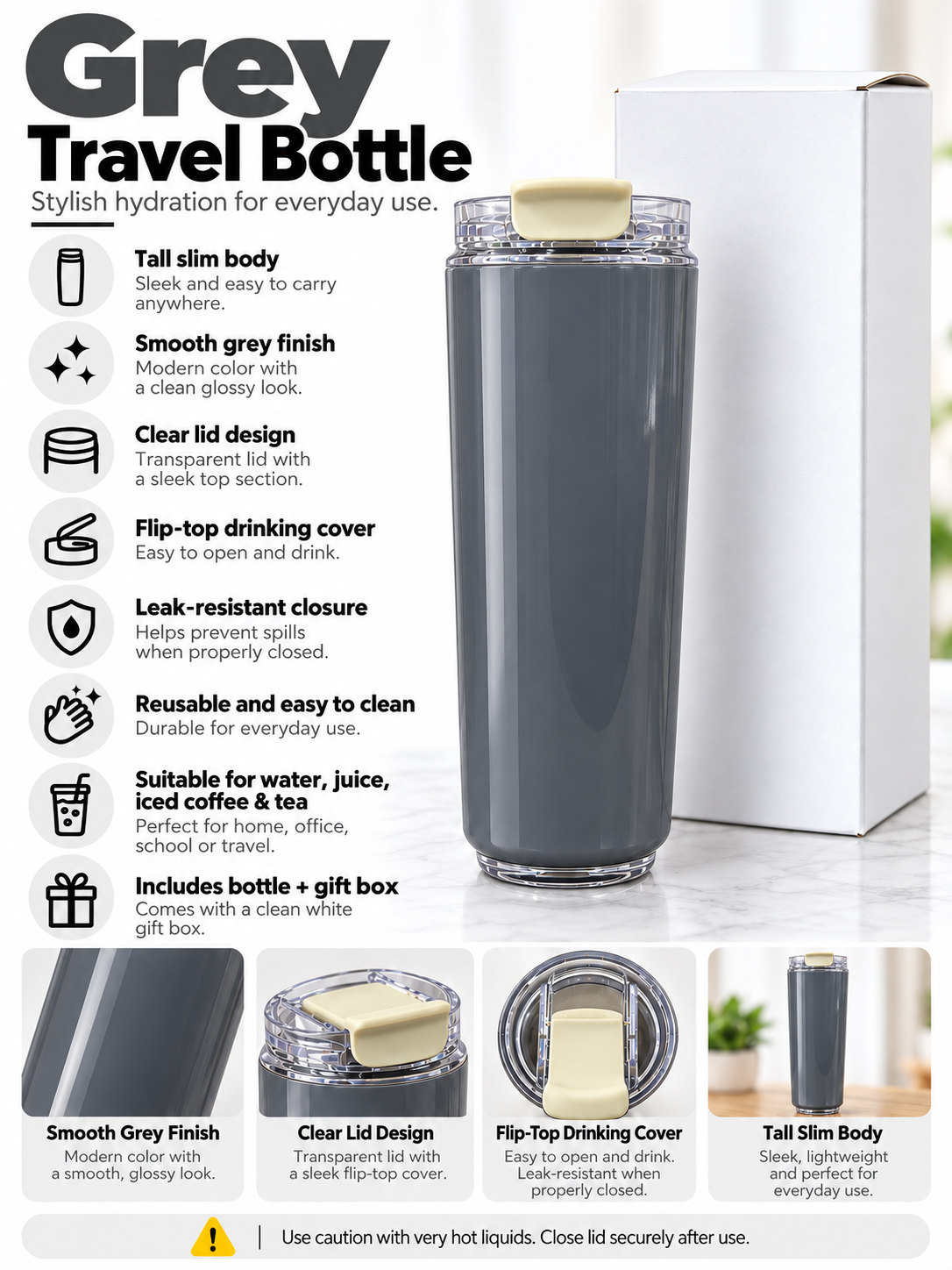 Grey travel bottle product features and details