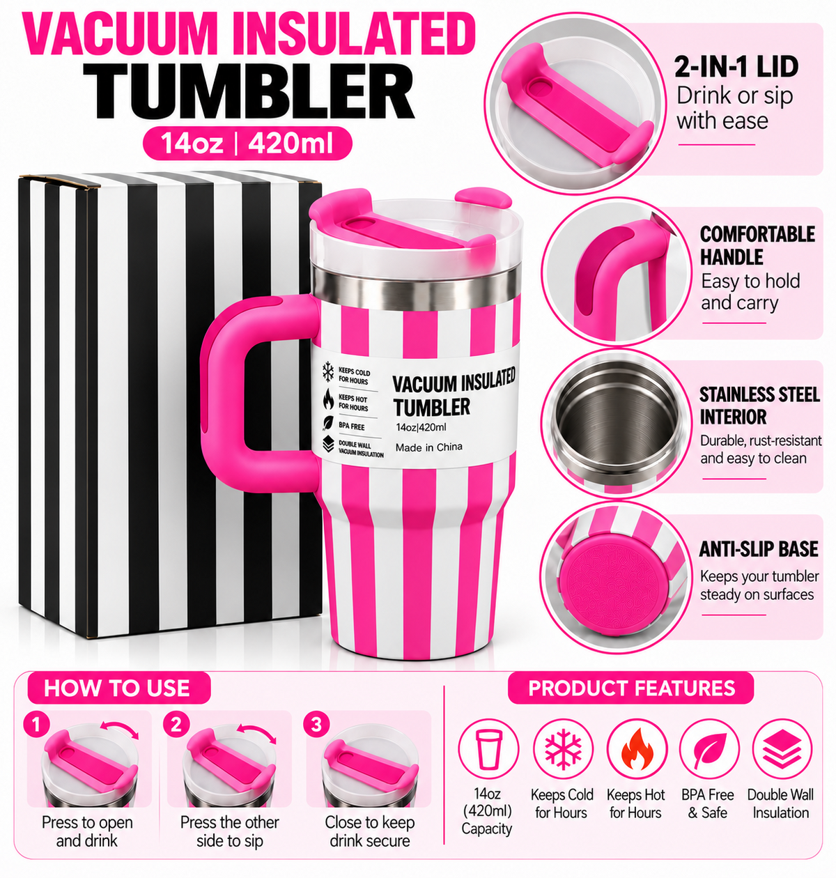 Hot pink and white striped tumbler with packaging