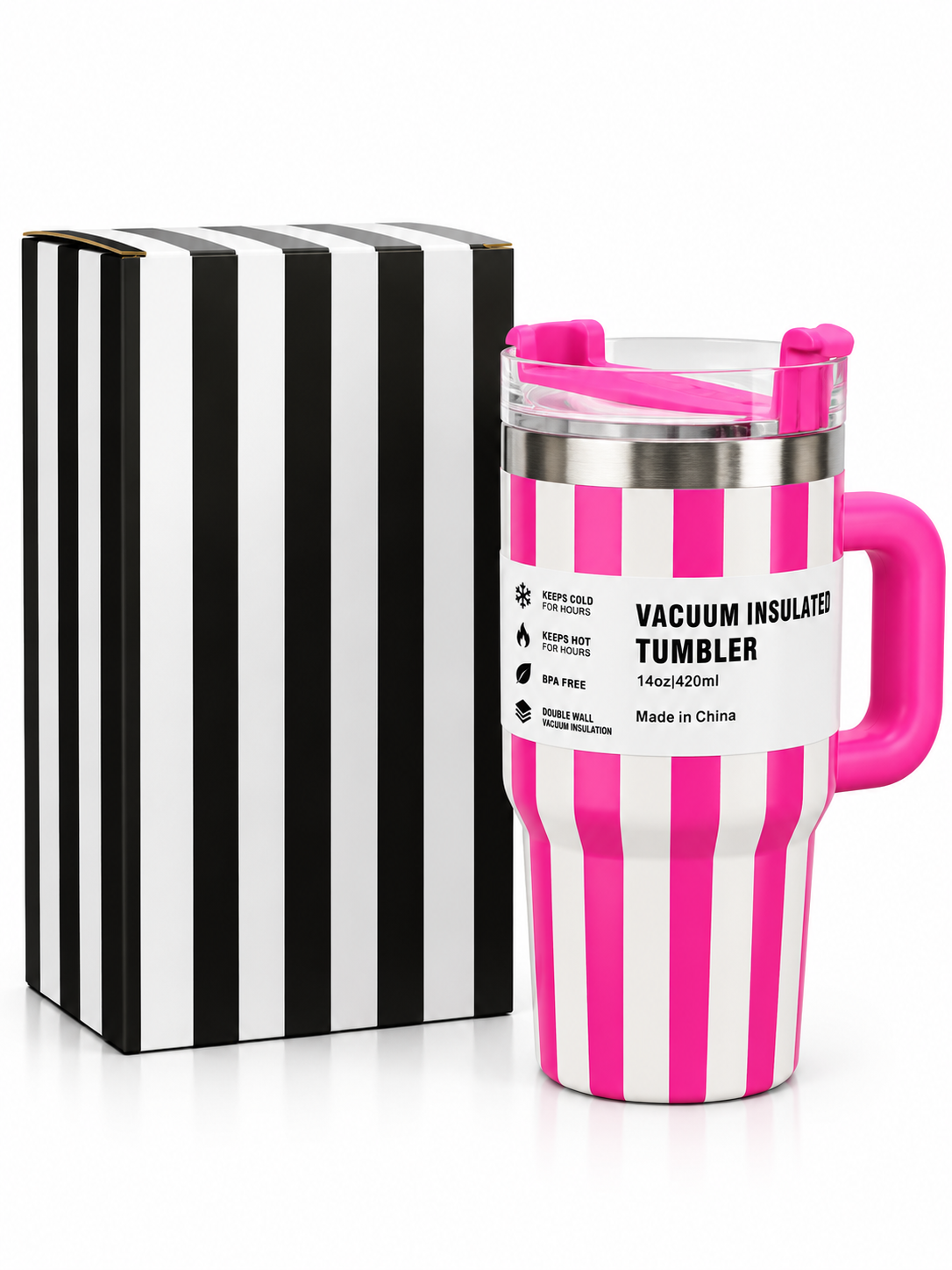 Hot pink 420ml vacuum insulated tumbler features