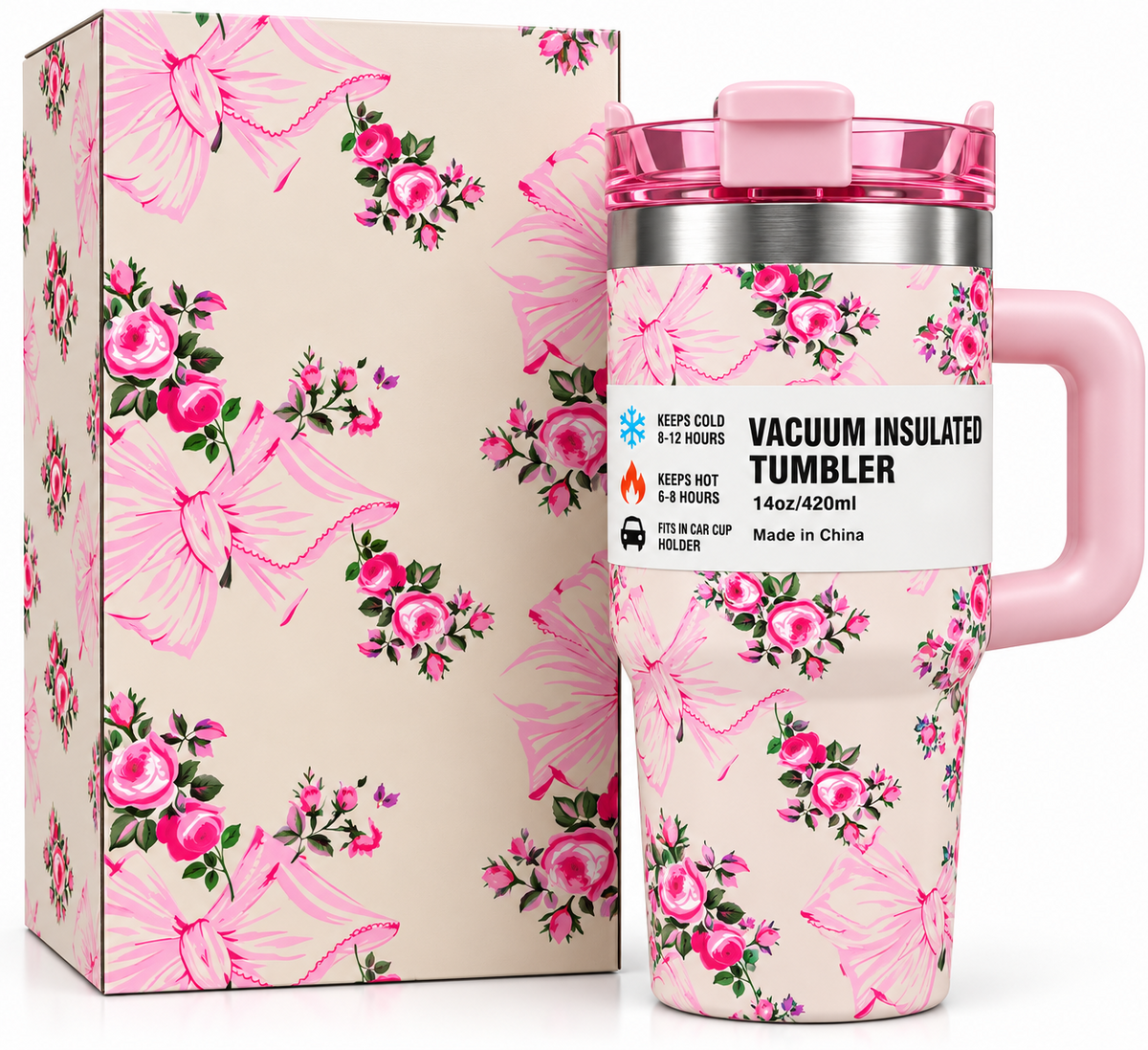 Cream and pink floral bow insulated tumbler with pink handle and gift box
