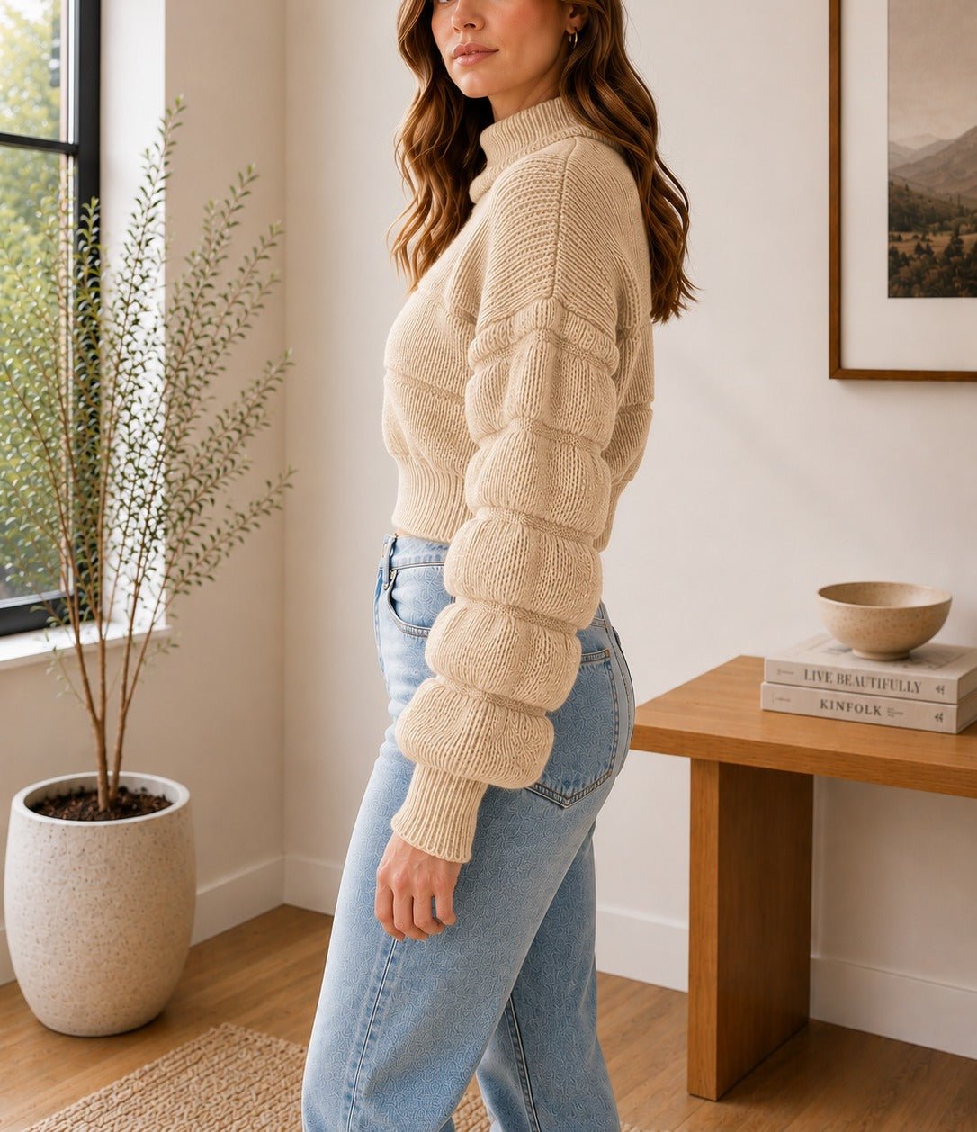 Ladies Beige Balloon Sleeve Turtleneck Jersey - StylePhase SA