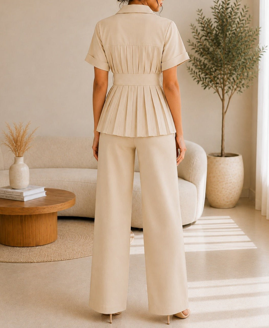 Ladies Beige Button Front Two-Piece Set - StylePhase SA