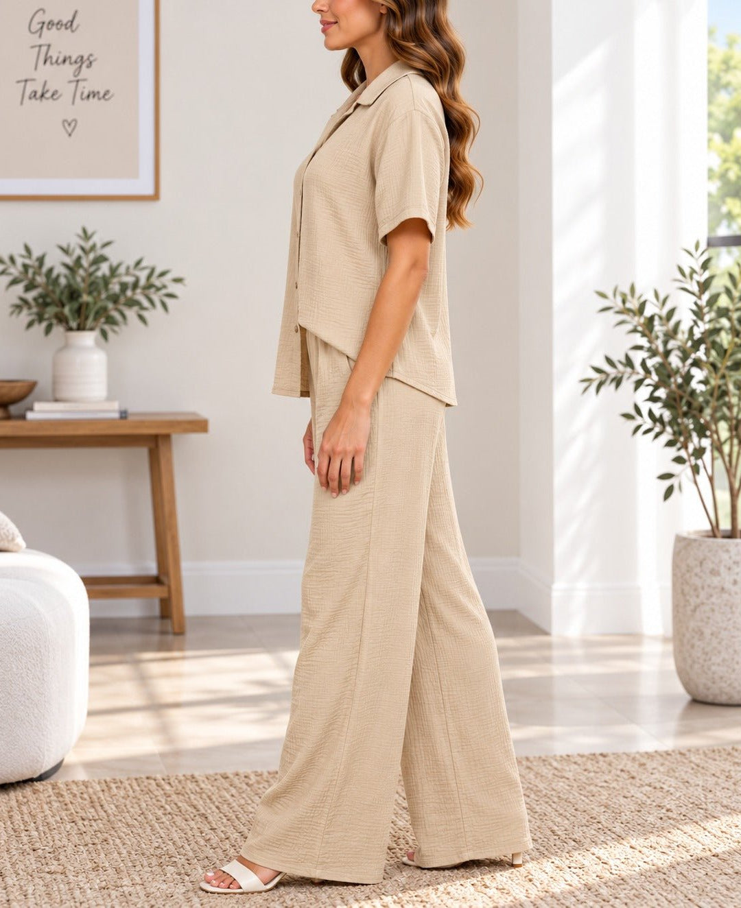 Ladies Beige Button Shirt Two-Piece Set - StylePhase SA