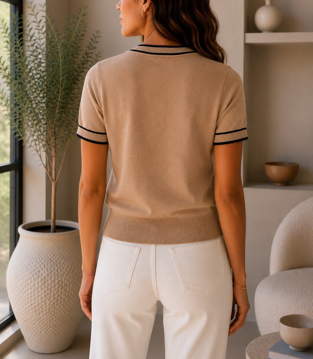 Ladies Beige Contrast Trim Button Front Knit Cardigan - StylePhase SA