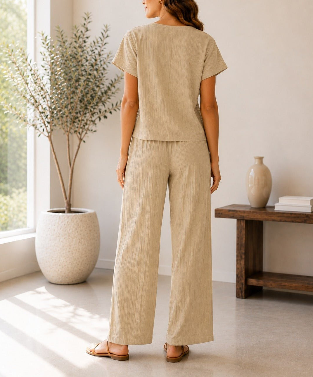 Ladies Beige Crinkle-Knit Two-piece New Feeling Set - StylePhase SA