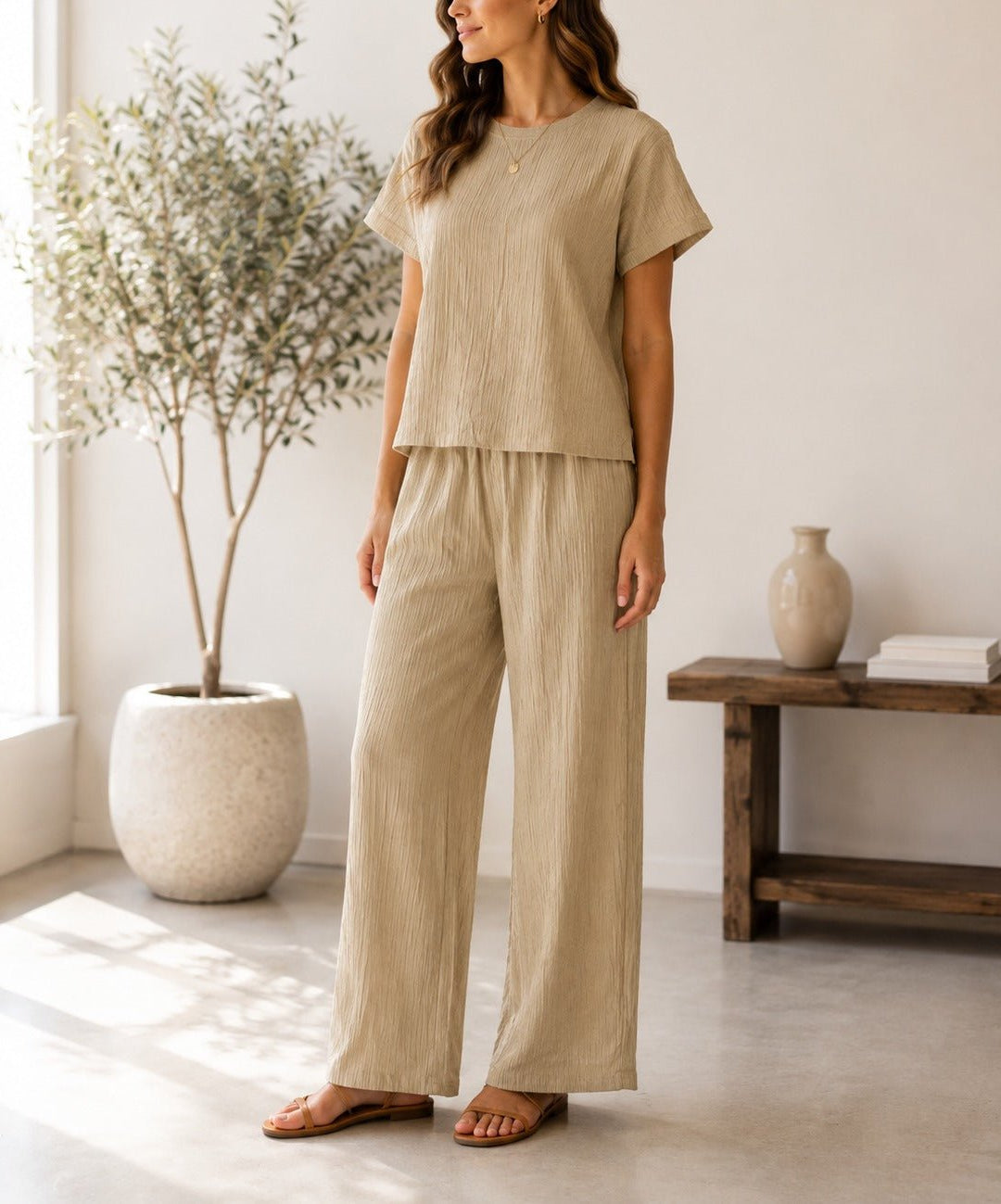 Ladies Beige Crinkle-Knit Two-piece New Feeling Set - StylePhase SA