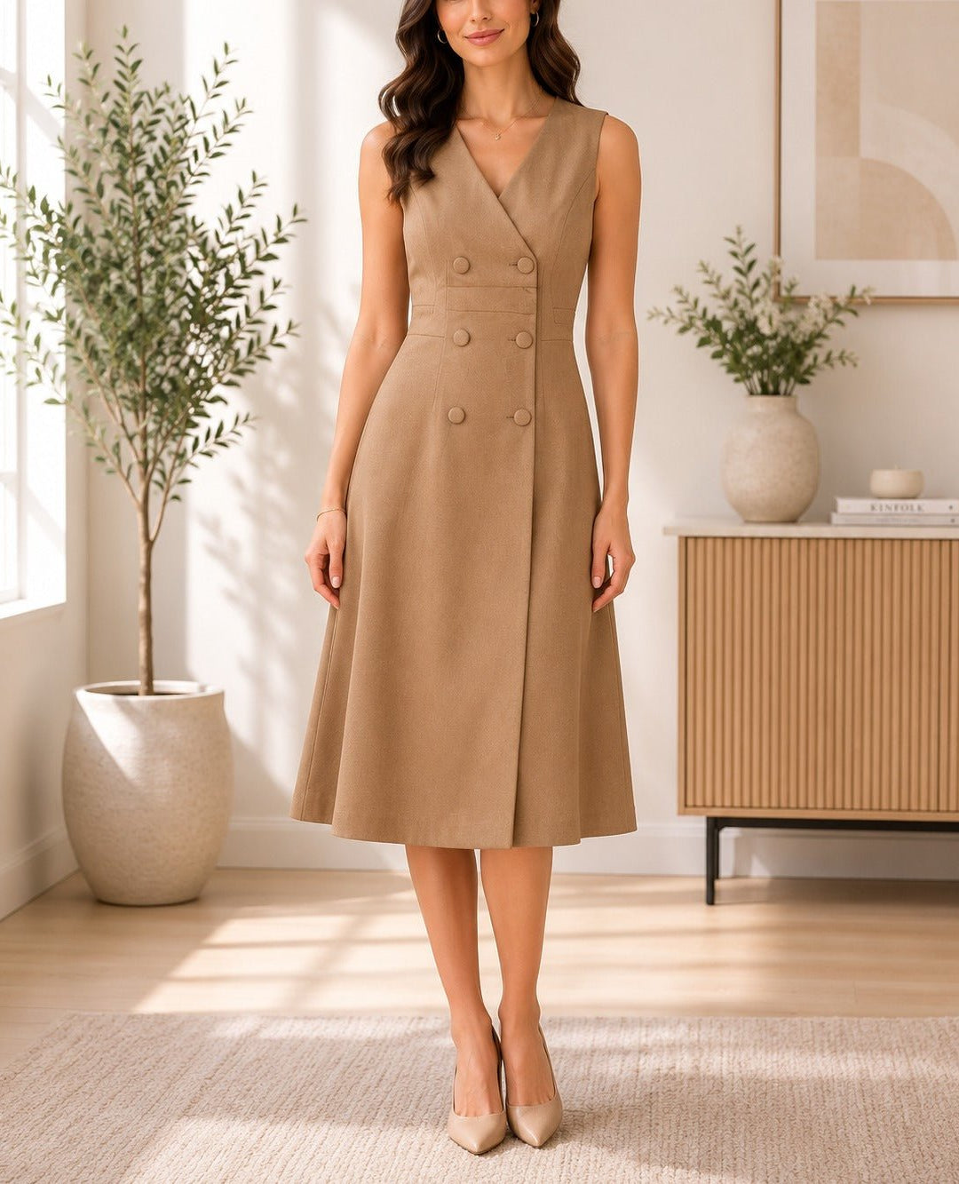 Ladies Beige Double Breast Sleeveless Midi Dress - StylePhase SA