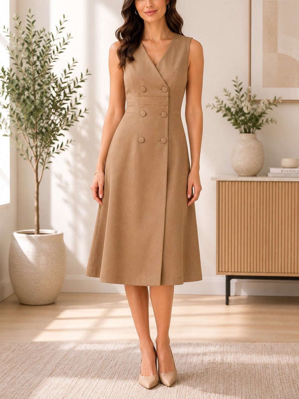 Ladies Beige Double Breast Sleeveless Midi Dress - StylePhase SA