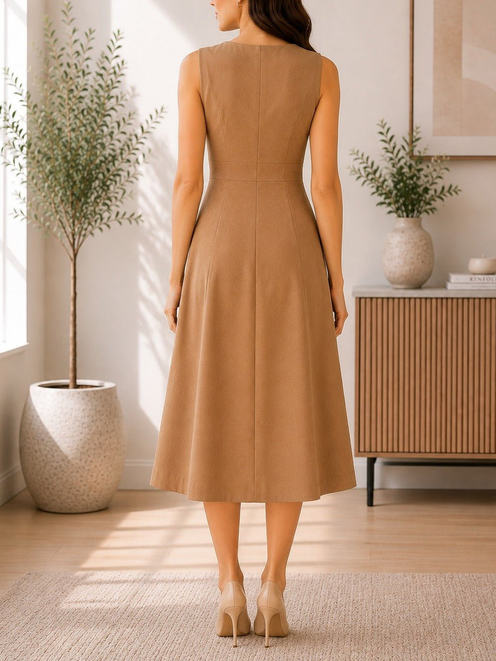 Ladies Beige Double Breast Sleeveless Midi Dress - StylePhase SA