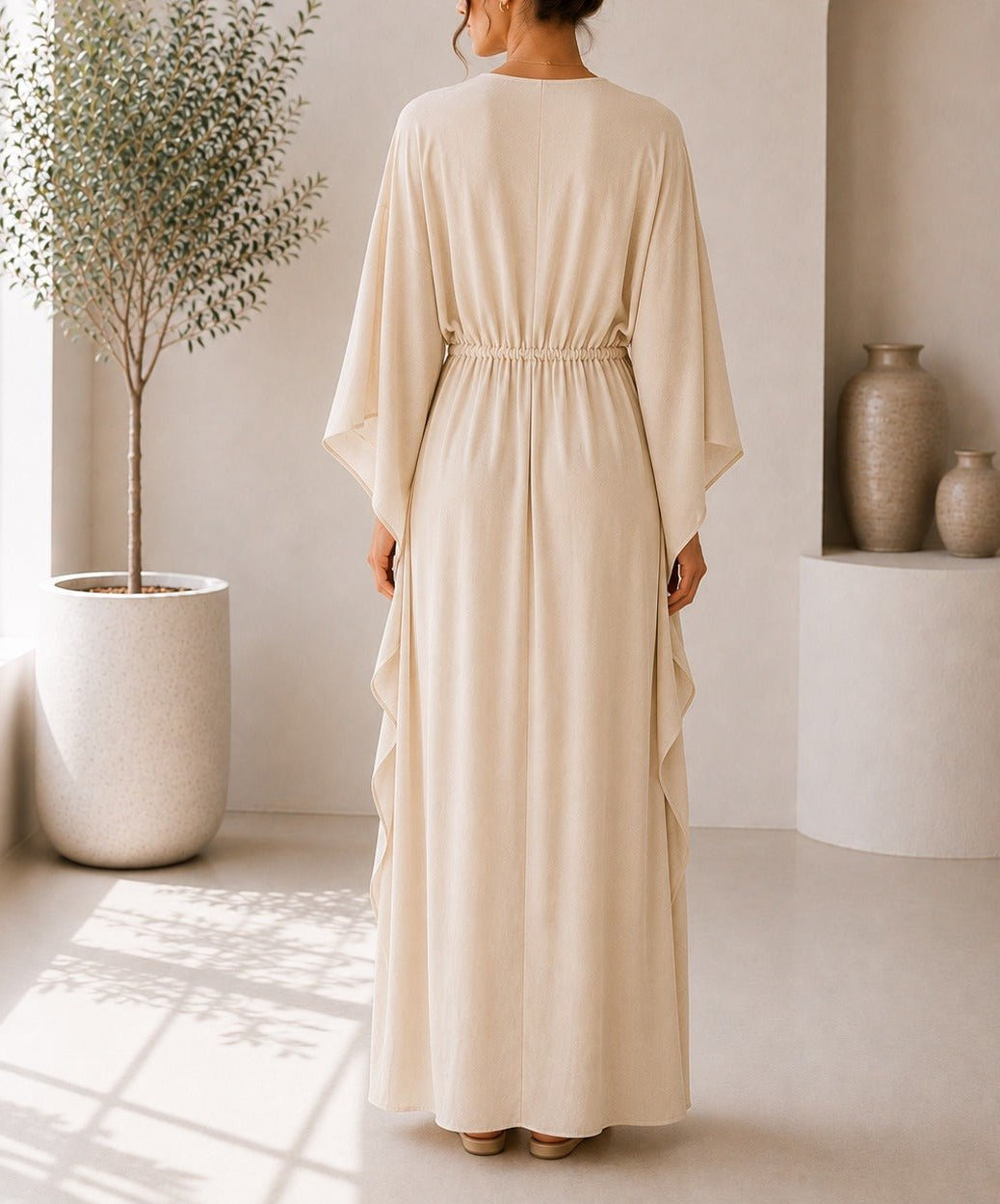 Ladies Beige Drawstring V-Neck Kaftan - StylePhase SA