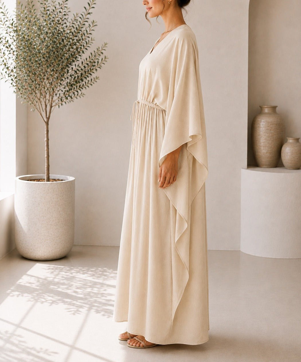 Ladies Beige Drawstring V-Neck Kaftan - StylePhase SA