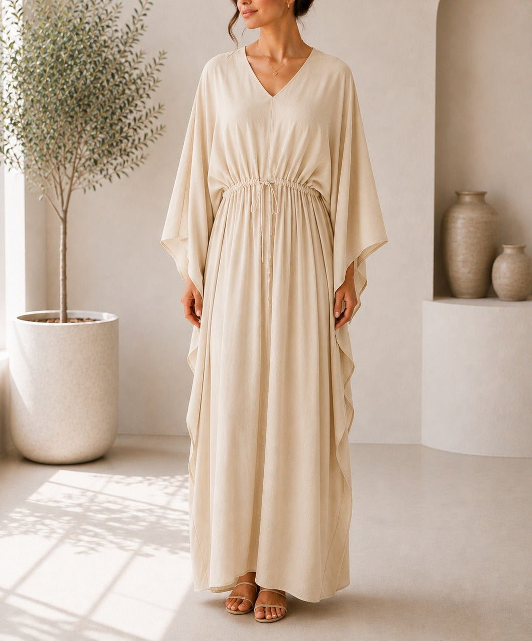 Ladies Beige Drawstring V-Neck Kaftan - StylePhase SA