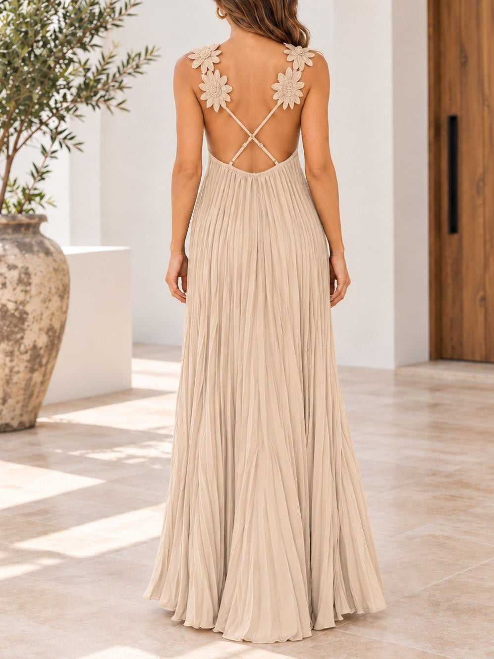 Ladies Beige Flower Strap Maxi Dress - StylePhase SA
