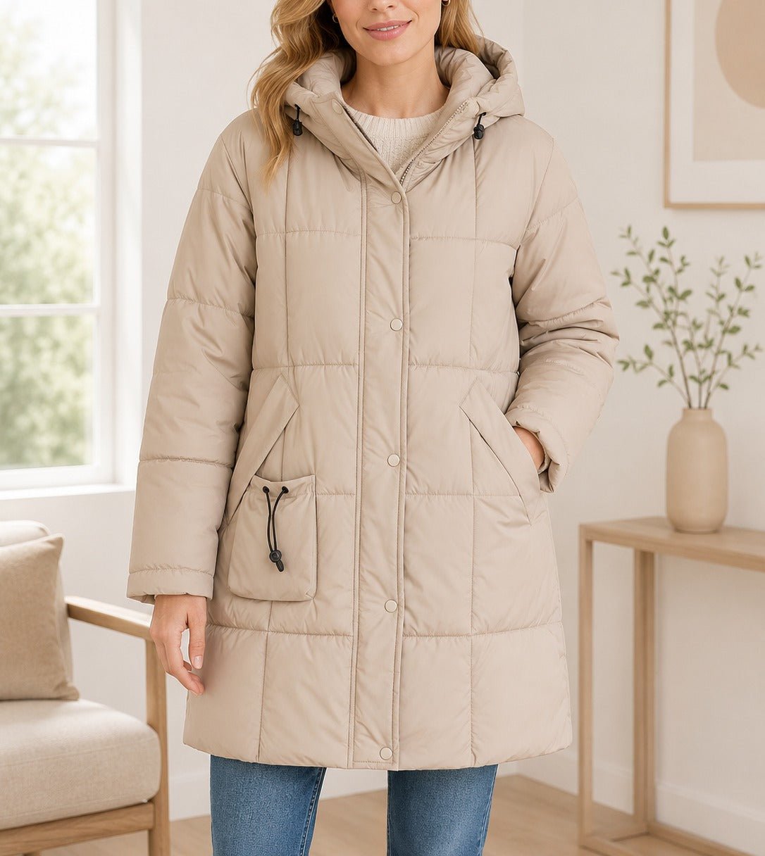 Ladies Beige Long Line Padded Puffer Jacket - StylePhase SA
