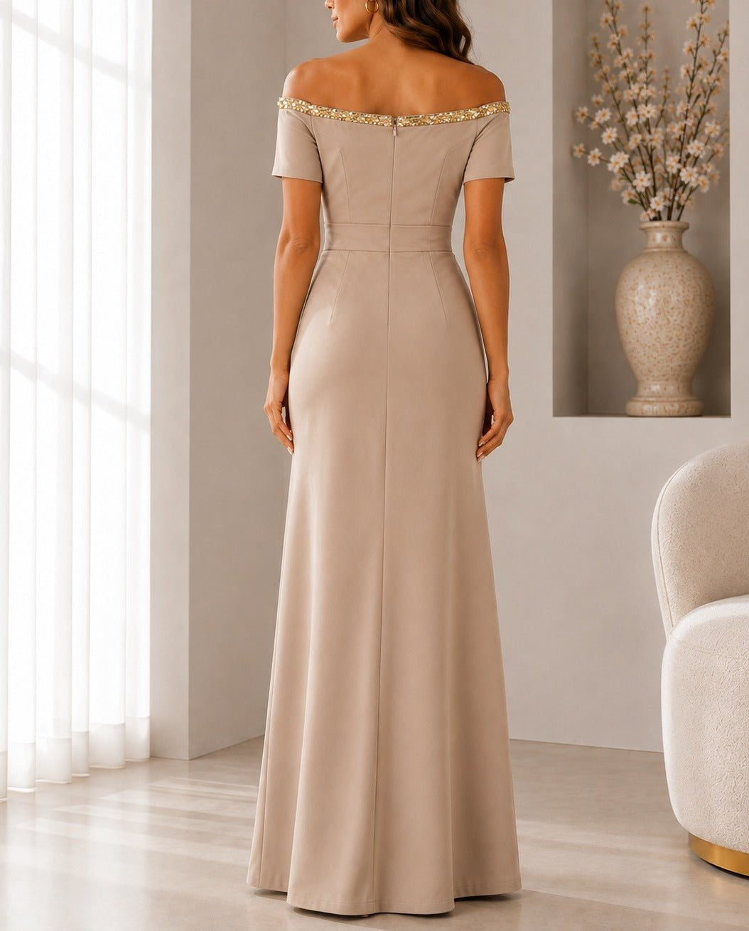 Ladies Beige New Feeling Embellished Off Shoulder Maxi Dress - StylePhase SA
