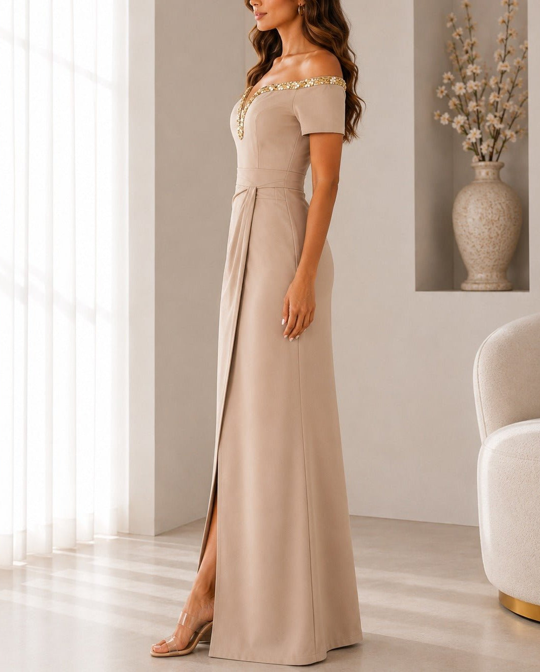 Ladies Beige New Feeling Embellished Off Shoulder Maxi Dress - StylePhase SA