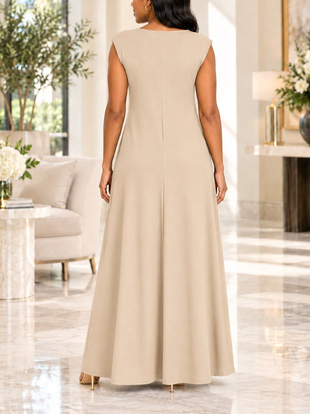 Ladies Beige Sleeveless Sunburst Brooch Maxi Dress - StylePhase SA