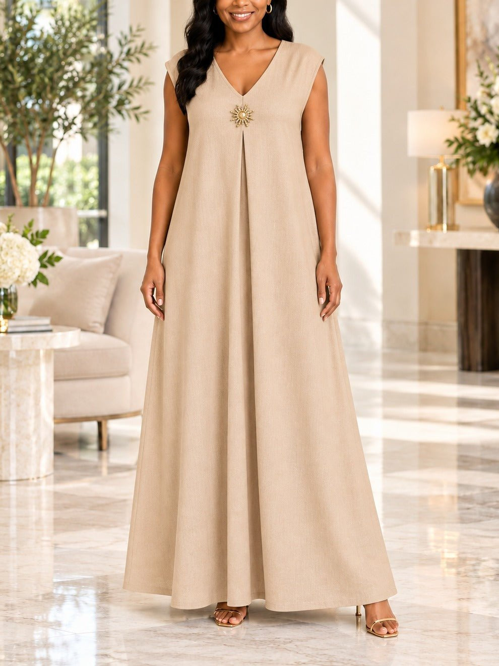 Ladies Beige Sleeveless Sunburst Brooch Maxi Dress - StylePhase SA