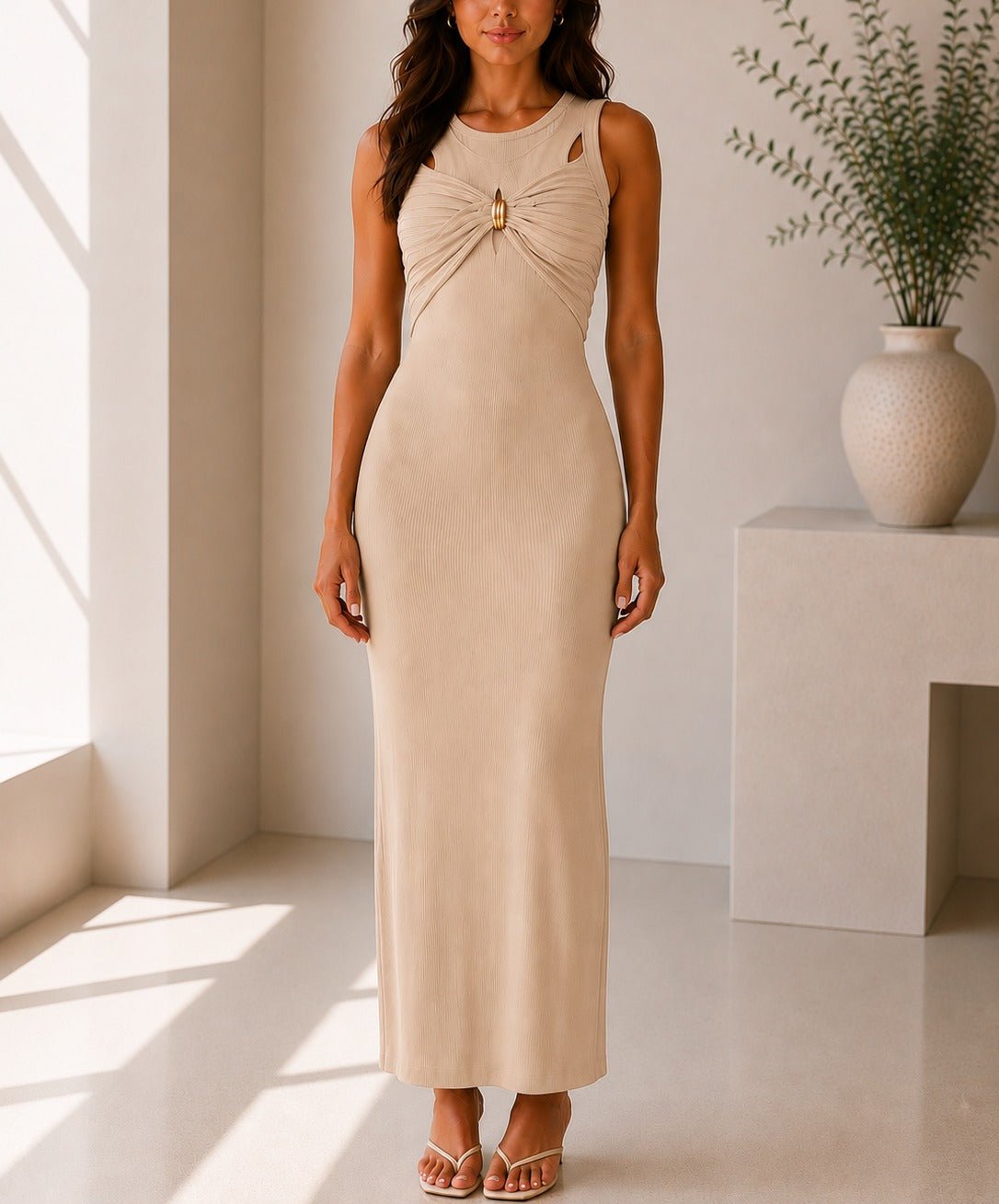 Ladies Beige Sleeveless Twist Front Maxi Dress - StylePhase SA